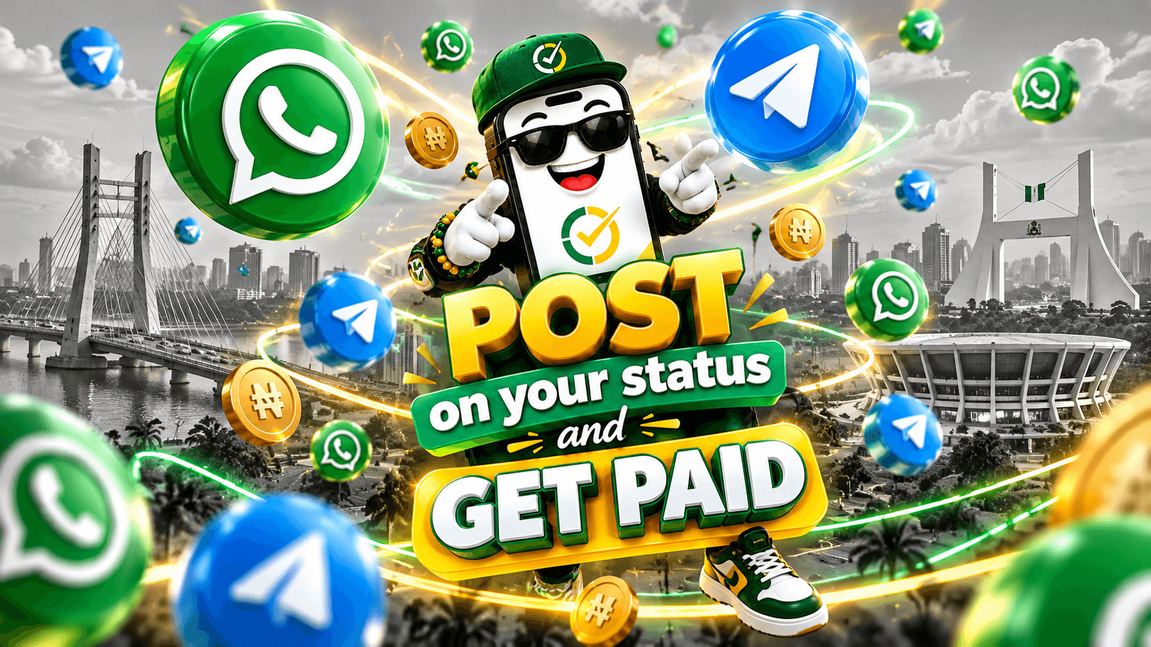 Post on your Status and get paid: a smiling phone character in a green cap, surrounded by WhatsApp and Telegram icons and naira coins over Lagos and Abuja