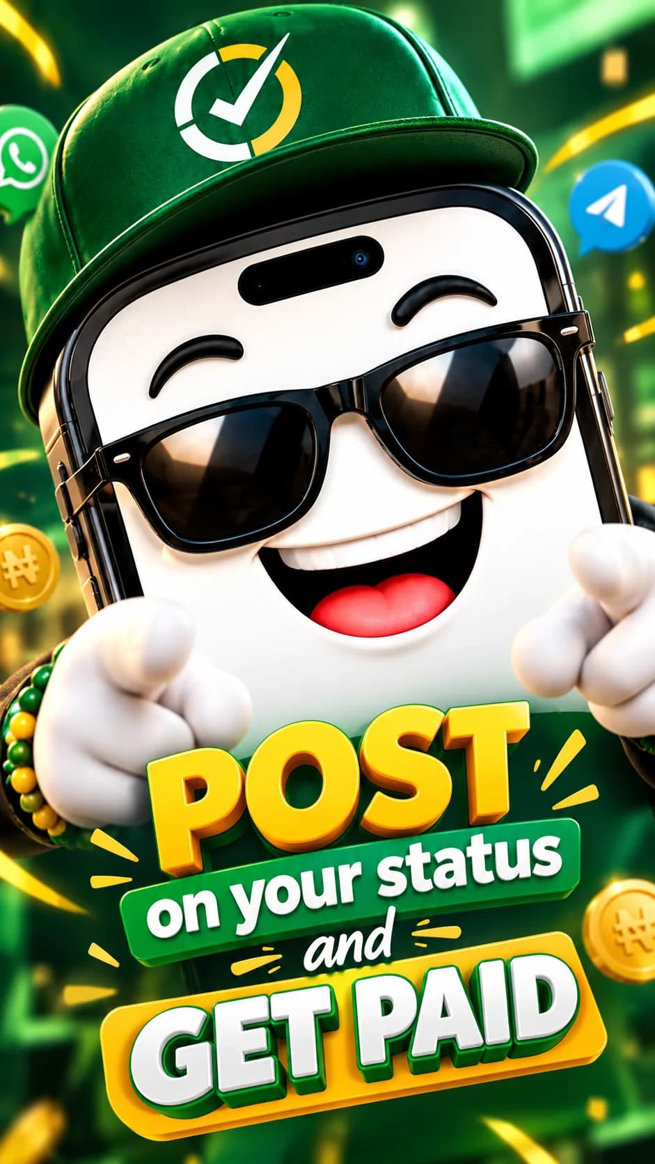 The StatusPay mascot, a smiling phone in a green cap: post on your Status and get paid